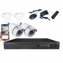 Kit supraveghere video AKU 2 camere SUPER CLEAR AHD 4MP + DVR 4 canale FULL HD 1080P H264, interior exterior carcase metalice cu infrarosu, iesire internet cu vizualizare pe telefon mobil tableta desktop	